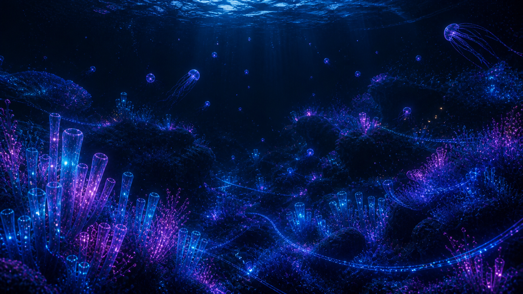 A wide fantasy reef glowing blue and magenta at night